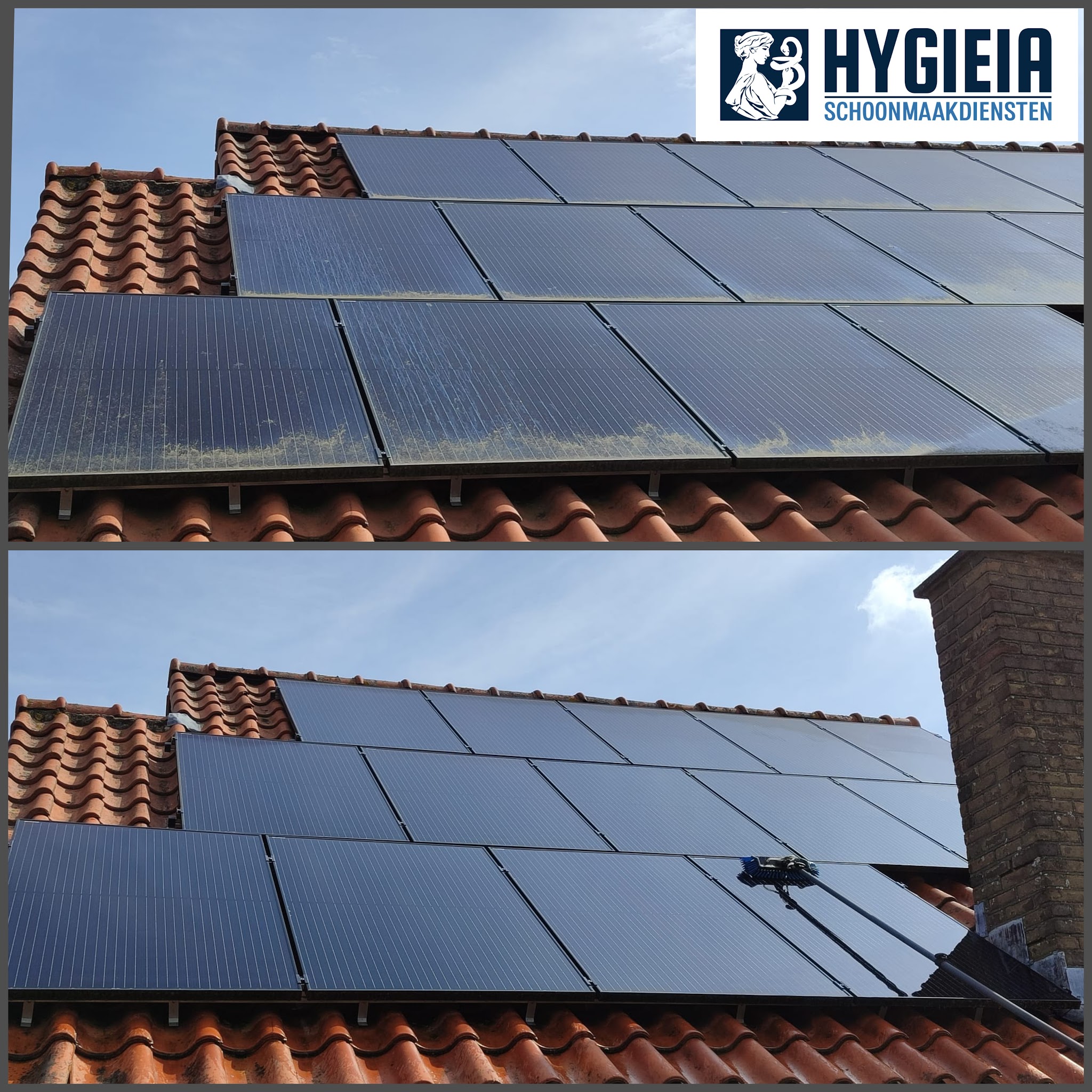Voor en na: zonnepanelen op een pannendak, eerst vuil en daarna schoon met een waterborstel